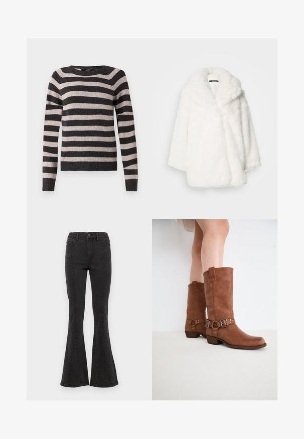 Balta mākslīgās kažokādas jaka ar platām apkaklēm, brīva izmēra un nolaistām pleciem. Mīksta tekstūra un viengabalaina konstrukcija bez redzamām aizdarēm.; Melns un bēšs svītrots džemperis, apaļš kakls, garas piedurknes, ribota apdare, mīksta tekstūra, ar vienmērīgi izvietotām horizontālajām svītrām.; Melnas džinsu bikses ar platām kājām un augstu jostas vietu, ar sānu šuvēm un gludu apdari pie apakšmalas. Audumam ir gluda tekstūra ar nelielu stiepšanos.; Brūni ādas potītes zābaki ar nedaudz izteiktu purngalu, dekoratīviem sprādzēm un zemu kaudzes papēdi. Gluda tekstūra ar matētu apdari.