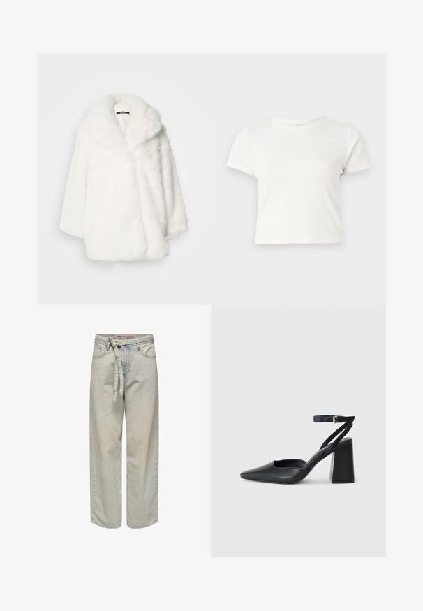 Biely kabát z umelého kožušiny so širokým golierom, nadrozmerným strihom a spustenými ramenami. Jemná textúra a bezšvová konštrukcia bez viditeľných zapínaní.; Krátke biele tričko vyrobené z bavlny s krátkymi rukávmi, okrúhlym výstrihom a rovnými okrajmi, s hladkou textúrou a minimálnym dizajnom.; Svetlomodré nohavice s širokými nohavicami a opaskom v páse, s roztrhnutím a klasickým dizajnom piatich vreciek, vyrobené z denimovej tkaniny.; Čierne kožené lodičky s špicatou špičkou a členkovým remienkom, s masívnym podpätkom. Hladký povrch, elegantný dizajn a minimalistická estetika.