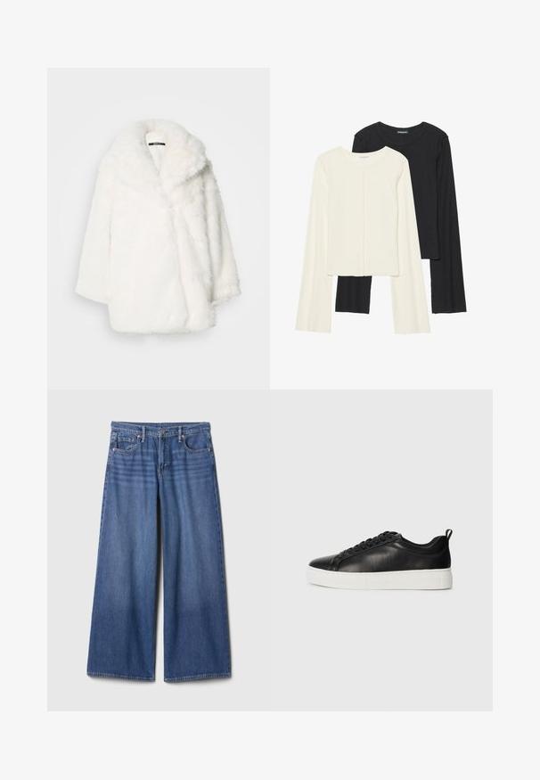Casaco branco de pêlo falso com gola larga, corte oversize e ombros caídos. Textura macia e construção sem costuras, sem fechos visíveis.; Conjunto de duas blusas de manga longa em branco e preto. Textura canelada, decote redondo, design ajustado com mangas ligeiramente evasê.; Jeans de ganga de perna larga em azul médio, com cintura alta, cinco bolsos e detalhes em costura. Textura suave, acabamento sem adornos.; Sapatilha de couro preta de cano baixo com atacadores pretos e sola de borracha branca grossa, vista do lado externo sobre um fundo branco.