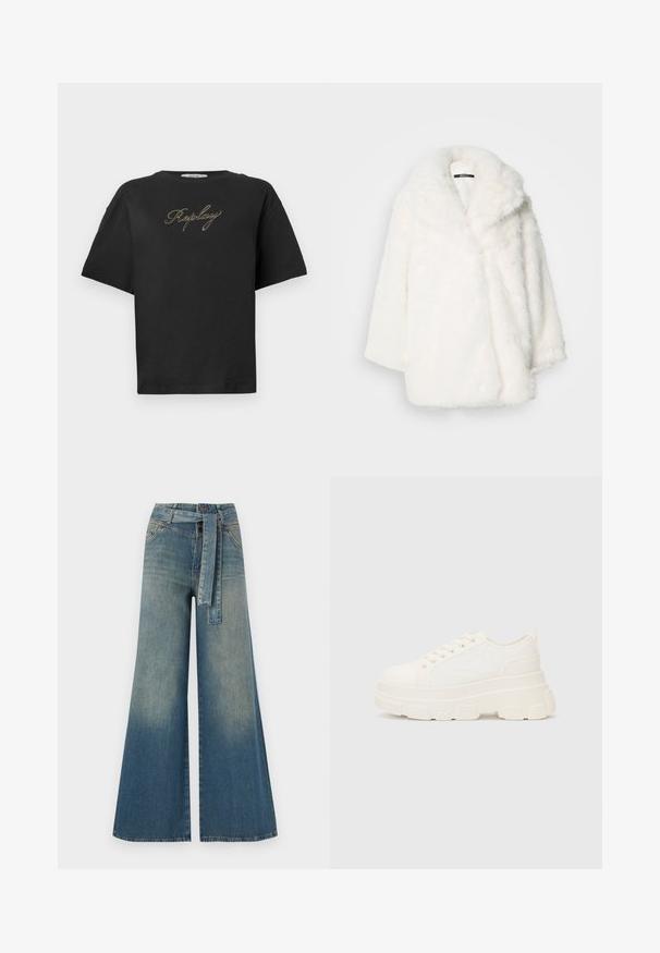 White faux fur coat with a wide collar, oversized fit, and dropped shoulders. Soft texture and seamless construction with no visible fastenings.; Black short-sleeve T-shirt with gold cursive "Replay" logo centered on the chest, displayed on a plain white background.; Wide-leg denim trousers featuring a light to dark blue gradient, high waist, belt loops, and a matching fabric belt. Textured denim finish.; White canvas sneaker with a chunky sole, rounded toe, and five eyelets for laces. Back tab for easy wear. Smooth texture, minimalist design.