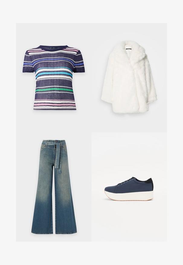 Fehér műszőrme kabát széles gallérral, túlméretezett fazonban és lezserebb eséssel. Puha tapintású, varrás nélküli kialakítás látható rögzítők nélkül.; Rövid ujjú, csíkos ing, sötétkék, rózsaszín, világoskék, zöld és fehér vonalakkal. Texturált anyagból készült, kerek nyakkivágással.; Bőszárú farmernadrág, világos és sötétkék árnyalatokkal, magas derekú, övgyűrűkkel és a nadrággal megegyező anyagú övvel. Textúrált farmer kivitel.; Sötétkék sportcipő, texturált szövet felsőrész, fehér platform talp, lekerekített orr és fekete sarok akcentussal. Hat fűzőlyuk található rajta.