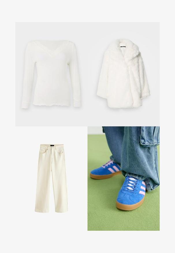 Abrigo de piel sintética blanca con un amplio cuello, corte holgado y hombros caídos. Textura suave y confección sin costuras visibles o cierres.; Camisa blanca de manga larga con adornos de encaje en el escote en forma de V y en los puños, que presenta una silueta suave y ajustada, y un dobladillo en forma de ola.; Pantalones de pierna ancha en denim beige claro, con cierre de botón, cinco bolsillos y una textura suave. Diseño sencillo y moderno.; Zapatos de gamuza azul con rayas rosas y cordones blancos, con una suela de goma, combinados con pantalones denim holgados sobre una superficie verde.