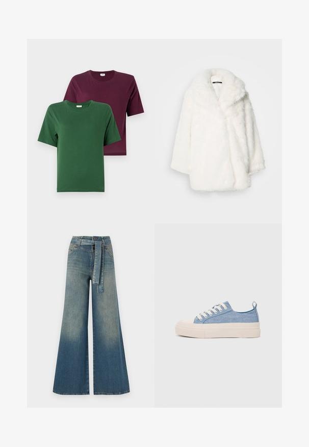 Valkoinen tekoturkistakki, jossa leveä kaulus, ylisuurimitoitus ja pudotetut olkapäät. Pehmeä pinta ja saumaton rakenne, ilman näkyviä kiinnityksiä.; Kaksi lyhythihaista t-paitaa: yksi vihreä ja yksi burgundinvärinen, valmistettu sileästä puuvillasta, joissa on pyöreät pääntiet ja yksinkertaiset mallit.; Yksiväriset farkut leveällä lahkeella, joissa on vaaleasta tummansiniseen häipyvä väri, korkea vyötärö, vyölenkit ja yhteensopiva kangasvyö. Rakennefarkkujen pinta.; Vaaleansiniset kangaskengät, joissa on kerma värinen kuminen varvaskuppi ja pohja, valkoiset nauhat ja vetotappi kantapäässä.