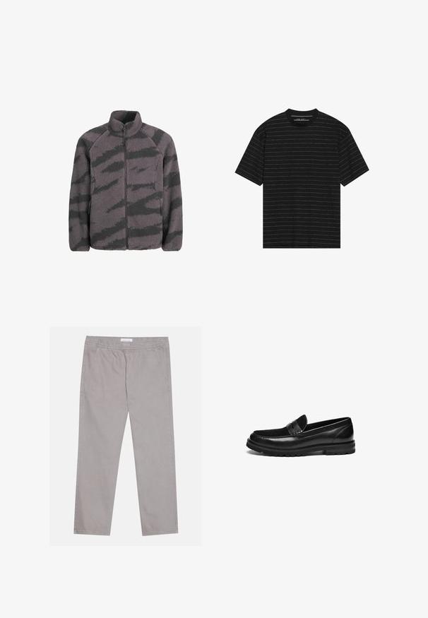 Fliso striukė su aukštu apykakle, užtrauktuku ir pilkos bei juodos juostelėmis. Minkšta tekstūra su raglano rankovėmis ir šoninėmis kišenėmis.; Juoda trumpa rankovė T-marškiniai su plonomis baltomis horizontaliomis juostelėmis. Pagaminti iš minkštos medžiagos, turi apvalią iškirptę ir laisvą siluetą.; Šviesiai pilki medvilniniai treningai su elastinga juosta, dviem šoninėmis kišenėmis, tiesia kojų forma ir glotnia tekstūra. Paprasti siuvimo detalės.; Juodi odiniai loafery batai su lygiu paviršiumi, kuriuose yra tekstūrinis zomšos akcentas ant priekinės dalies ir tvirtas guminis padas.