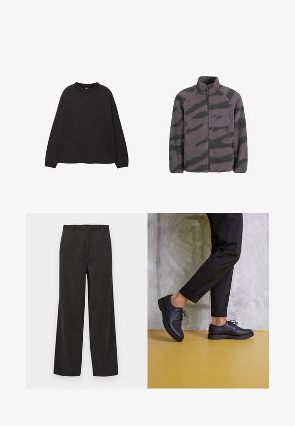 Fleecová bunda s vysokým límcem, zipovým zapínáním a šedobílým pruhovaným vzorem. Měkká textura, raglánové rukávy a postranní kapsy.; Černá mikina s dlouhými rukávy vyrobená z jemné bavlny. Má kulatý výstřih, spadlé ramena a žebrované manžety a lem. Hladký povrch.; Černé kordovanové kalhoty s širokým střihem, které mají vertikální ribovanou texturu, zipový klouzavý uzávěr s knoflíkem a přední kapsy.; Černé kožené šněrovací boty s kulatou špičkou, texturovaným povrchem a silnou gumovou podrážkou. Nosené s ohrnutými černými kalhotami na pozadí z betonu.