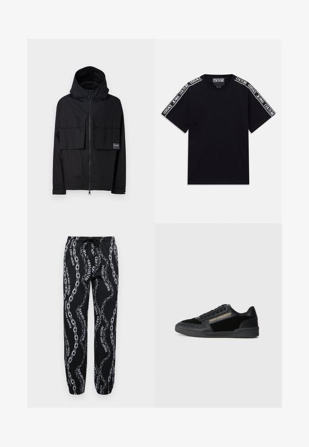 Melnā ūdensizturīgā jaka ar kapuci, ar rāvējslēdzēju priekšā, divām lielām krūšu kabatām un logo plāksteri. Iezīmes ietver brīvu piegriezumu un regulējamus aproces.; Melnas īsām piedurknēm T-krekls ar baltām "Versace Jeans Couture" teksta joslām, kas iet gar pleciem un augšējām piedurknēm.; Melnas sporta bikses ar baltajiem ķēdes un teksta rakstiem, ar elastīgu jostasvietu un piedurknēm, izgatavotas no mīksta auduma. Jostasvietā ir aukla.; Melnas kedas ar gludu ādas apdari un zamšiem akcentiem. Iezīmējas ar zemu augstumu, auklām un zelta logotipa detaļām sānos.