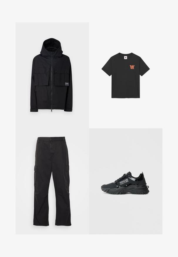 Chaqueta negra impermeable con capucha, cierre frontal con cremallera, dos grandes bolsillos en el pecho y parche con logo. Cuenta con un corte relajado y puños ajustables.; Camiseta de algodón negra con mangas cortas, cuello redondo y un logo naranja de "W" en el lado izquierdo del pecho. Textura suave y lisa.; Pantalones cargo negros con un diseño de pierna recta, que cuentan con dos bolsillos laterales, un cierre de botón y una tela texturada.; Zapatilla negra con un diseño robusto, que presenta acentos brillantes, suela texturizada y el logo "Versace Jeans Couture" en el lateral.