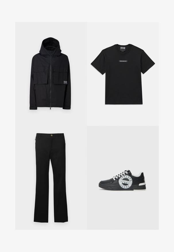 Veste imperméable noire avec capuche, fermeture éclair à l'avant, deux grandes poches poitrine et logo. Elle possède une coupe décontractée et des poignets réglables.; T-shirt noir à manches courtes en coton. Présente une étiquette logo rectangulaire sur la poitrine avec "VERSACE JEANS COUTURE" en texte blanc.; Pantalon noir en tissu mélange de coton, avec une coupe droite, des poches avant et un bouton doré à la taille.; Baskets en cuir noir avec accents blancs, détails de logo rond, pointe perforée et semelle contrastante. Comprend des lacets blancs et un marquage.