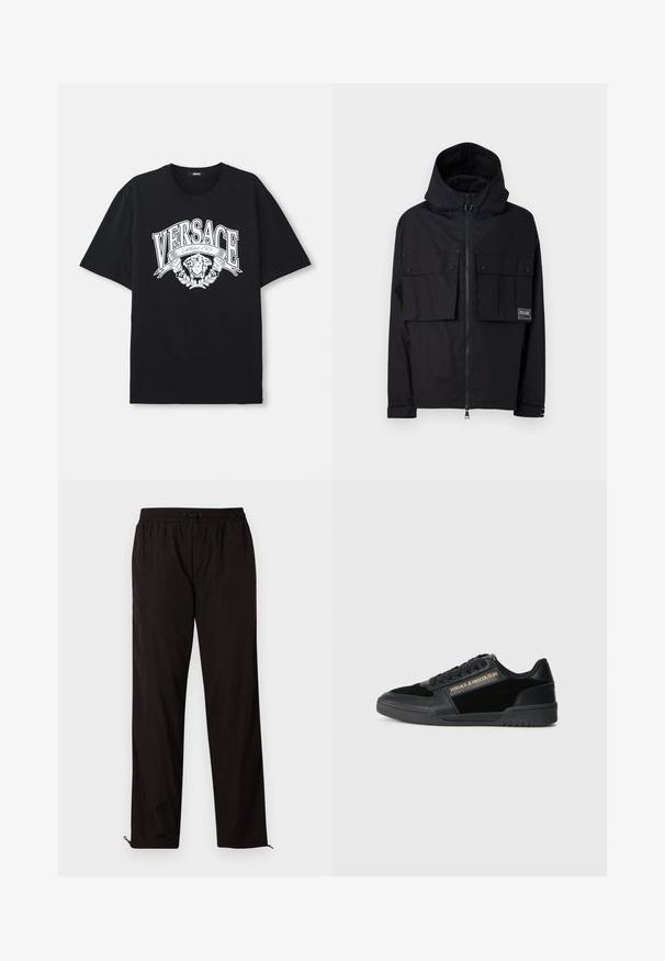 Juodas vandeniui atsparus striukė su kapišonu, užtrauktuku priekyje, dviem didelėm krūtinės kišenėm ir logotipo apdaila. Turi laisvą siluetą ir reguliuojamus rankogalius.; Juodas medvilninis marškinėlis, ant kurio yra didelis baltas grafikas su užrašu "VERSACE" ir menine veido dizaino ornamentika, apsupta lapų.; Juodos lengvos kelnės su elastingu juosmeniu, raišteliu ir užtrauktukais apačioje, kad būtų galima pritaikyti dydį. Lygus, glotnus paviršius.; Juodi sportbačiai su lygiu odiniu paviršiumi ir veliūro akcentais. pasižymi žemo profilio dizainu, raišteliais ir auksinio spalvos logotipu šone.