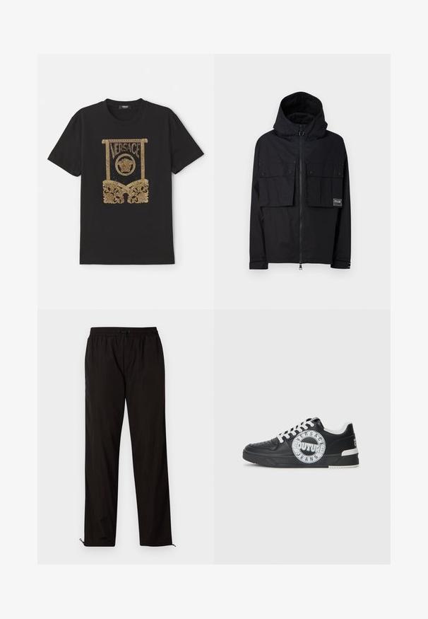 Chaqueta negra impermeable con capucha, cierre frontal con cremallera, dos grandes bolsillos en el pecho y parche con logo. Cuenta con un corte relajado y puños ajustables.; Camiseta de algodón negra con un gráfico de lentejuelas doradas que presenta el logo "Versace" y diseños ornamentales en la parte inferior y los lados.; Pantalones ligeros negros con cintura elástica, cierre de cordón y bajos con cremallera para un ajuste ajustable. Textura suave y elegante.; Zapatillas de cuero negro con acentos blancos, detalles de logo redondo, puntera perforada y suela en contraste. Presentan cordones blancos y una marca.