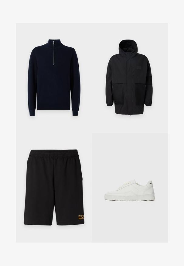Schwarze Kapuzenjacke aus leichtem Stoff, mit Netzpaneelen, einem Frontreißverschluss und elastischen Bündchen für eine verstellbare Passform.; Marineblauer Strickpullover mit hohem Kragen und Viertelreißverschluss. Rippstruktur an Ärmeln und Körper, mit lockerer Passform und standardmäßigen Saum.; Schwarze Sportshorts aus weichem Material, mit einem elastischen Bund und einem kleinen gelben EA7-Logo am unteren linken Bein.; Weiße Ledersneaker mit glatter Oberfläche, runder Zehenpartie, flachen Schnürsenkeln und strukturiertem Sohlenprofil. Mit einem dezenten Logo an der Ferse.