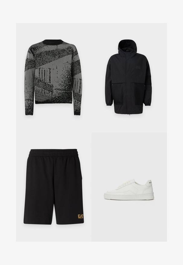 Μαύρο φούτερ τζάκετ από ελαφρύ ύφασμα, με πλέγμα, μπροστινό φερμουάρ και ελαστικούς καρπούς για ρυθμιζόμενη εφαρμογή.; Μαύρο και γκρι πλεκτό πουλόβερ με γραφικό σχέδιο κατακόρυφων ρίγων και κουκίδων, μακριά μανίκια και στρογγυλή λαιμόκοψη.; Μαύρες αθλητικές βερμούδες από μαλακό ύφασμα, με ελαστική μέση και μικρό λογότυπο EA7 στο κάτω αριστερό πόδι.; Λευκό δερμάτινο sneakers με λείο φινίρισμα, στρογγυλή μύτη, επίπεδα κορδόνια και υφή στην σόλα. Φέρει μια διακριτική λογότυπο στη φτέρνα.
