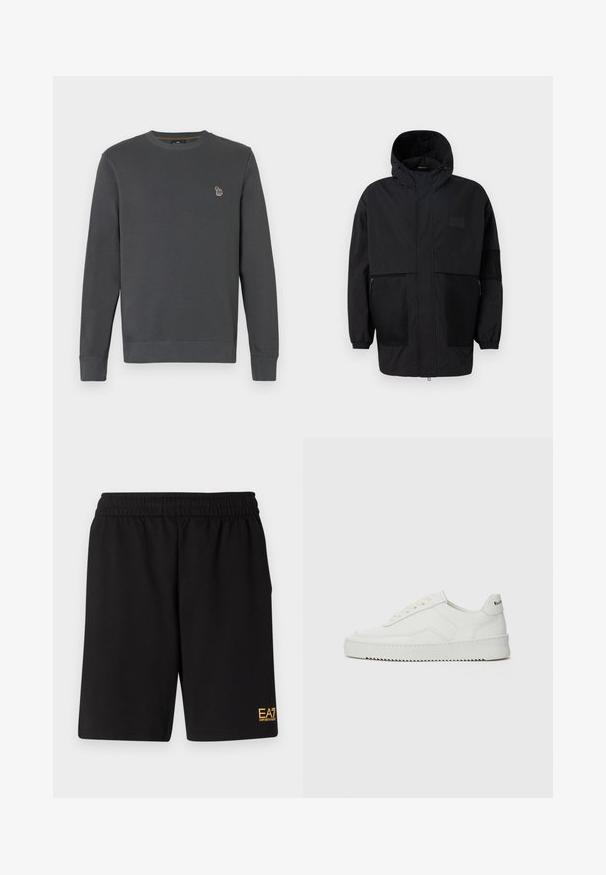 Chaqueta negra con capucha hecha de un tejido ligero, con paneles de malla, cremallera frontal y puños elásticos para un ajuste ajustable.; Sudadera de cuello redondo gris oscuro con mangas largas y un pequeño logo de cebra bordado en colores en el lado izquierdo del pecho.; Pantalones cortos deportivos negros de tejido suave, con una cintura elástica y un pequeño logo amarillo de EA7 en la parte inferior de la pierna izquierda.; Zapatilla de cuero blanca con un acabado suave, puntera redonda, cordones planos y suela texturizada. Cuenta con un sutil logo en el talón.