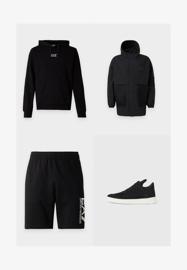 Giacca nera con cappuccio realizzata in tessuto leggero, con pannelli in rete, zip frontale e polsini elasticizzati per una vestibilità regolabile.; Felpa nera in cotone con tasca a marsupio frontale, cappuccio con coulisse regolabile e logo EA7 bianco sul petto. Maniche lunghe e polsini a costine.; EA7 Emporio Armani TRAIN VISIBILITY - Shorts - black/cream; Sneaker in suede nero con suola in gomma bianca, caratterizzato da cuciture tonali e design con lacci. Texture liscia con una forma moderna e aerodinamica.