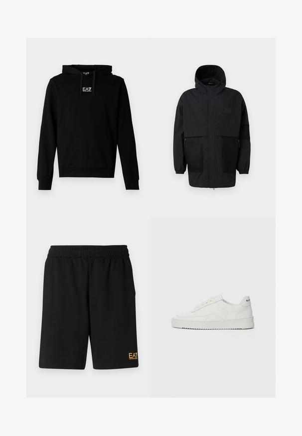 Černá kapucňová bunda vyrobená z lehké tkaniny, s síťovinovými panely, předním zipem a elastickými manžetami pro nastavitelné přizpůsobení.; Černá bavlněná mikina s kapucí, přední kapsou ve stylu klokánka, nastavitelnou šňůrkou na kapuci a bílým logem EA7 na hrudi. Dlouhé rukávy a žebrované manžety.; Černé sportovní šortky vyrobené z měkké látky, s elastickým pasem a malým žlutým logem EA7 na dolní části levé nohy.; Bílé kožené tenisky s hladkým povrchem, kulatou špičkou, plochými tkaničkami a texturovanou podrážkou. Na patě se nachází nenápadné logo.