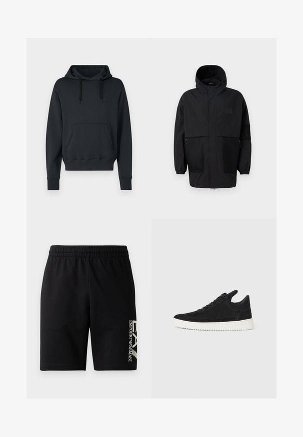 Giacca nera con cappuccio realizzata in tessuto leggero, con pannelli in rete, zip frontale e polsini elasticizzati per una vestibilità regolabile.; Felpa con cappuccio nera realizzata in morbido misto cotone; presenta una tasca a marsupio frontale, polsini a costine e cordini per una vestibilità regolabile.; EA7 Emporio Armani TRAIN VISIBILITY - Shorts - black/cream; Sneaker in suede nero con suola in gomma bianca, caratterizzato da cuciture tonali e design con lacci. Texture liscia con una forma moderna e aerodinamica.