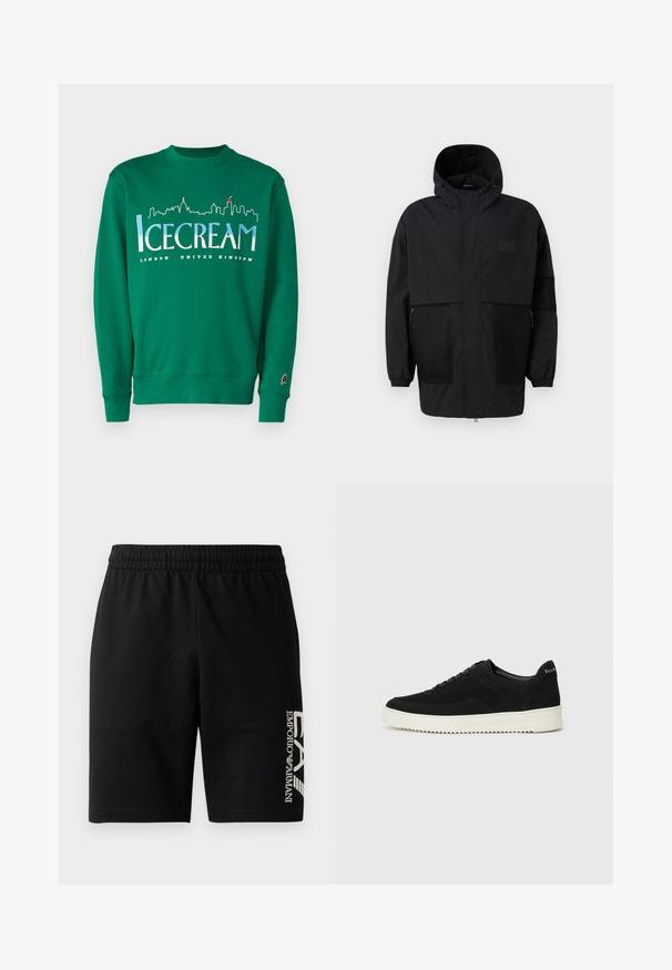 Giacca nera con cappuccio realizzata in tessuto leggero, con pannelli in rete, zip frontale e polsini elasticizzati per una vestibilità regolabile.; Maglione di cotone verde con grafica dello skyline. Il testo recita "ICECREAM" e "LONDRA REGNO UNITO". Include il logo del cono gelato sulla manica.; EA7 Emporio Armani TRAIN VISIBILITY - Shorts - black/cream; Sneaker in suede nero con design con lacci e suola in gomma bianca a contrasto. Presenta pannelli laterali testurizzati e un marchio discreto sul tallone.