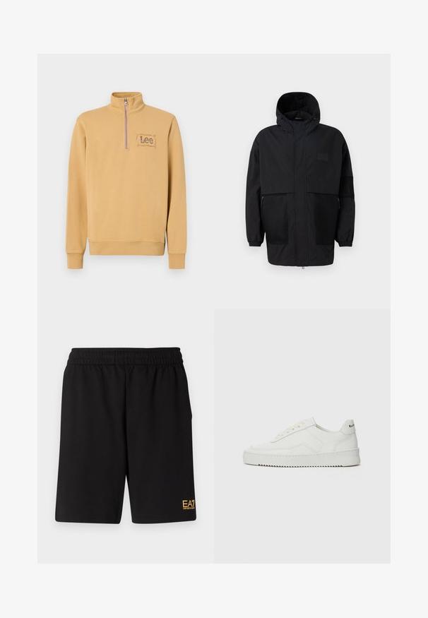 Schwarze Kapuzenjacke aus leichtem Stoff, mit Netzpaneelen, einem Frontreißverschluss und elastischen Bündchen für eine verstellbare Passform.; Gelber Pullover mit Reißverschluss am Kragen, mit einem gestickten "Lee"-Logo in rechteckigem Design auf der linken Brust. Material aus Baumwollmischung.; Schwarze Sportshorts aus weichem Material, mit einem elastischen Bund und einem kleinen gelben EA7-Logo am unteren linken Bein.; Weiße Ledersneaker mit glatter Oberfläche, runder Zehenpartie, flachen Schnürsenkeln und strukturiertem Sohlenprofil. Mit einem dezenten Logo an der Ferse.