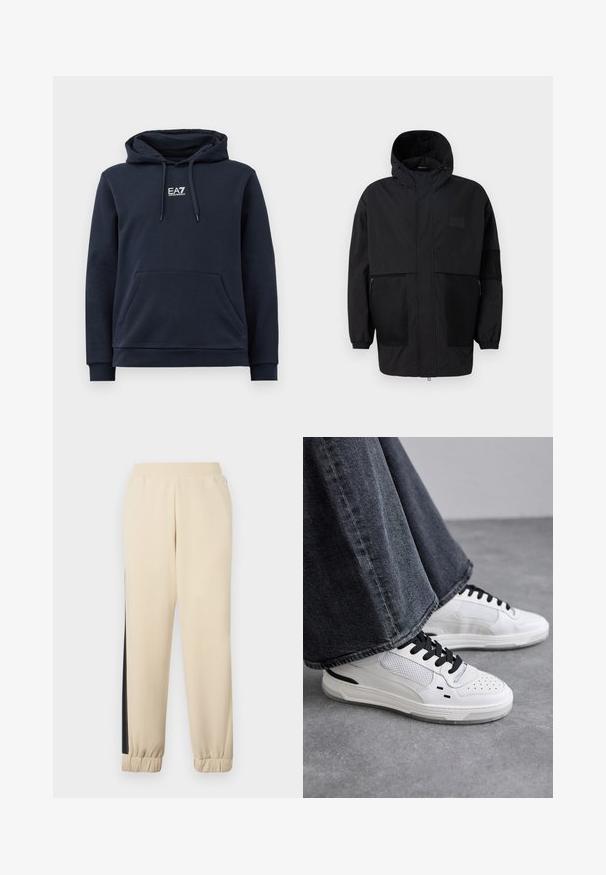 Melnā kapučjaka, kas izgatavota no viegla auduma, ar acs paneļiem, priekšējo rāvējslēdzēju un elastīgām aprocēm, kas nodrošina regulējamu piegulšanu.; Kleita tumši zila kapuce ar priekšējo kabatu, regulējamu auklu kapuci un balto EA7 Emporio Armani logotipu uz krūtīm.; Krēmkrāsas sporta bikses ar melnām sānu joslām, elastīgu jostasvietu un ribotu piedurkni. Mīksta auduma, ar brīvu piegriezumu.; Baltas sneakers ar melnām auklām un sieta detaļām. Iekļauj gludu ādas virsu un strukturētu gumijas zoli. Pāris ar platām pelēkām džinsām.