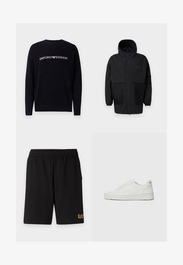 Crna kapuljača od laganog materijala, s mrežastim panelima, prednjim zatvaračem i elastičnim manžetama za prilagodljivu veličinu.; Emporio Armani Vesta - blu navy; Crne atletske kratke hlače od mekanog materijala, s elastičnim pojasom i malim žutim EA7 logotipom na donjoj lijevoj nozi.; Bijele kožne tenisice s glatkom površinom, okruglim vrhom, ravnim vezicama i teksturiranom potplatom. Imaju suptilan logo na peti.