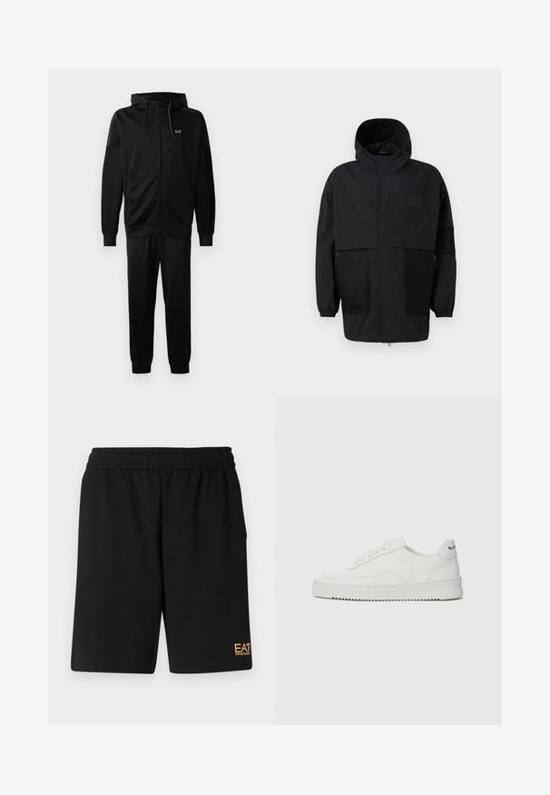 Black hooded jacket made from lightweight fabric, featuring mesh panels, a front zipper, and elastic cuffs for adjustable fit.; Black sweatshirt made from soft fabric, featuring a crew neckline, long sleeves, and a matte logo print “EA7 Emporio Armani” on the front.; Black athletic shorts made of soft fabric,Featuring an elastic waistband and a small yellow EA7 logo on the lower left leg.; White leather sneaker with a smooth finish, round toe, flat laces, and a textured sole. Features a subtle logo on the heel.