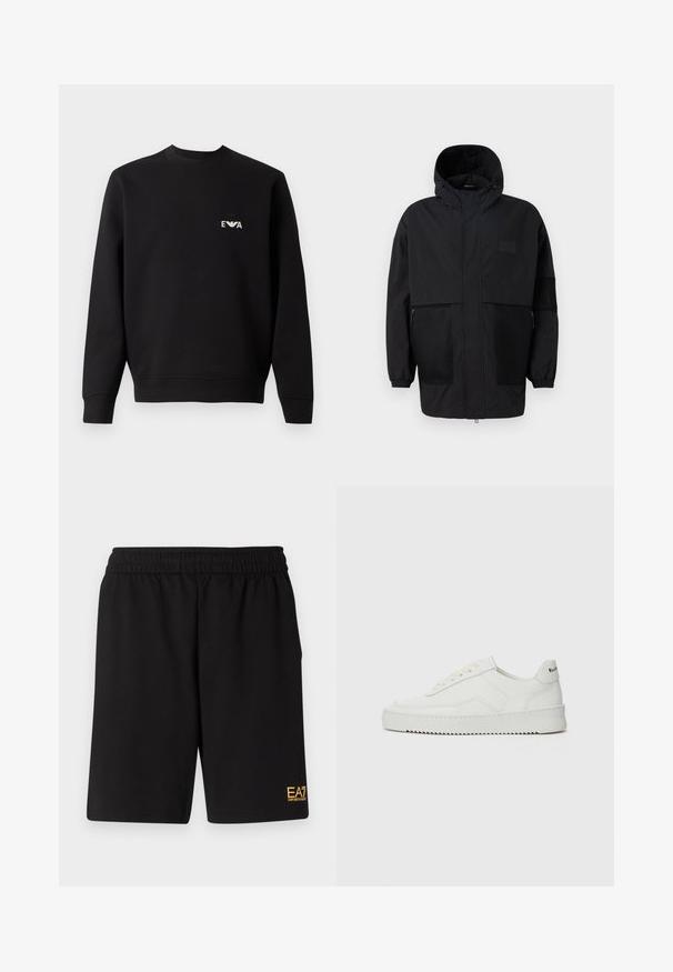 Veste à capuche noire en tissu léger, dotée de panneaux en mesh, d'une fermeture éclair à l'avant et de poignets élastiques pour un ajustement réglable.; Sweat à capuche noir avec un col rond, des manches longues et des poignets côtelés. Présente un petit logo blanc brodé sur la poitrine. Matière en mélange de coton.; Shorts de sport noirs en tissu doux, avec une taille élastique et un petit logo jaune EA7 sur le bas de la jambe gauche.; Baskets en cuir blanc avec une finition lisse, bout arrondi, lacets plats et semelle texturée. Présente un logo discret sur le talon.