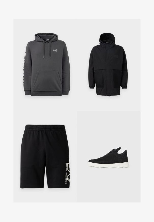 Fekete kapucnis dzseki, könnyű anyagból készült, hálós panelek, elülső cipzár és állítható illeszkedést biztosító rugalmas mandzsetták jellemzik.; Sötétszürke kapucnis pulóver elöl zsebbel, húzózsinórokkal, és fehér "EA7 Emporio Armani" logókkal a mellkasán és a bal ujjon.; EA7 Emporio Armani TRAIN VISIBILITY - Rövidnadrágok - black/cream; Fekete nubuk sportcipő fehér gumitalppal, tónusos varrással és fűzős kialakítással. Simák a textúrája, modern, letisztult formával rendelkezik.