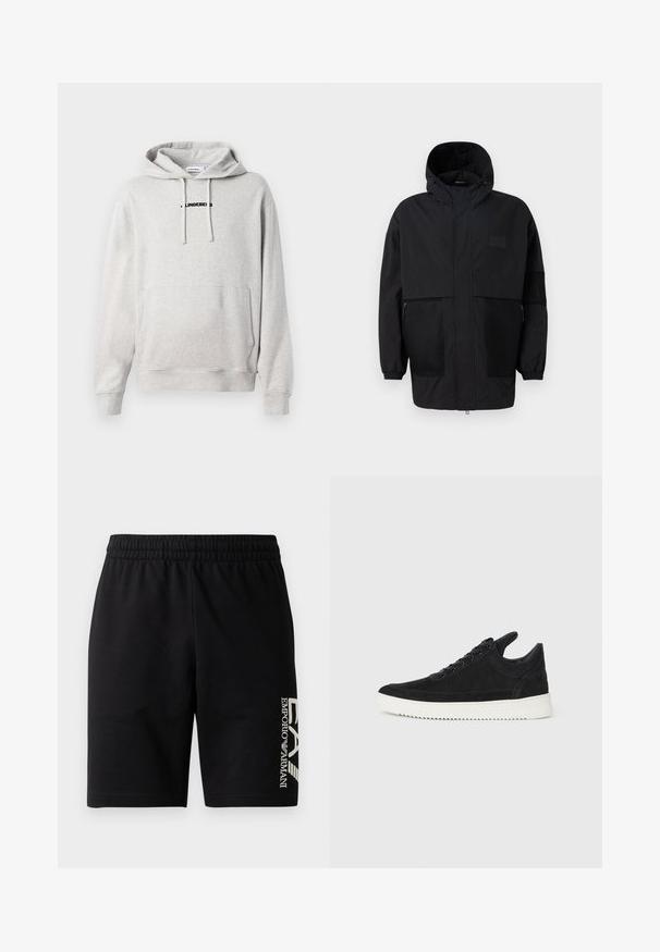 Musta huppari, joka on valmistettu kevyestä kankaasta, sisältäen verkkopaneeleja, etuvetoketjun ja joustavat hihansuut säädettävää istuvuutta varten.; Harmaa huppari, joka on valmistettu pehmeästä kankaasta. Sisältää etutaskun, nauhakuoman ja mustan tekstilogon rinnassa. Hihansuut ovat resorit.; EA7 Emporio Armani TRAIN VISIBILITY - Shortsit - black/cream; Mustat mokkasiinikenkiä valkoisella kumipohjalla, jossa on sävy sävyyn ompelu ja nauhakiinnitys. Sujuva pinta ja moderni, virtaviivainen muoto.