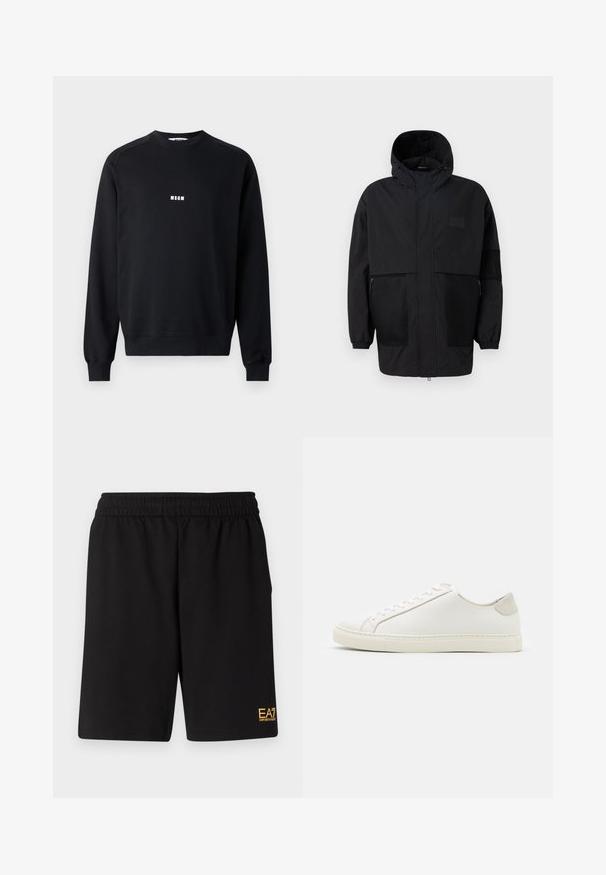 Black hooded jacket made from lightweight fabric, featuring mesh panels, a front zipper, and elastic cuffs for adjustable fit.; Black sweatshirt made of cotton blend, featuring a crew neckline, long sleeves, ribbed cuffs, and a white MSGM logo on the chest.; Black athletic shorts made of soft fabric,Featuring an elastic waistband and a small yellow EA7 logo on the lower left leg.; White leather sneaker with a smooth surface, round toe, and minimalistic design. Features beige accents on the heel and a rubber sole.