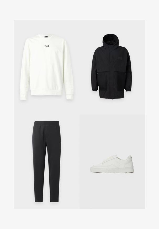Black hooded jacket made from lightweight fabric, featuring mesh panels, a front zipper, and elastic cuffs for adjustable fit.; White crewneck sweatshirt made of cotton, featuring a small black EA7 logo on the chest, with ribbed cuffs and hem for fit.; Black jogger pants made of soft fabric, featuring an elastic waistband, straight legs, and a single small logo detail on the side.; White leather sneaker with a smooth finish, round toe, flat laces, and a textured sole. Features a subtle logo on the heel.