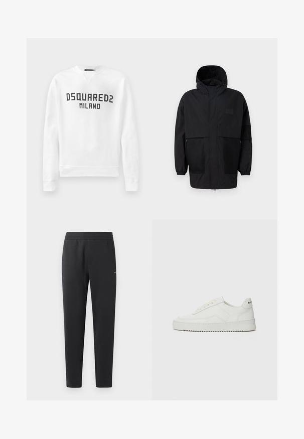 Čierna kapucňová bunda vyrobená z ľahkého materiálu, s priehľadnými panelmi, predným zipsom a elastickými manžetami pre nastaviteľné prispôsobenie.; Biely sveter vyrobený z jemného materiálu s okrúhlym výstrihom, dlhými rukávmi a čiernym logom "DSQUARED2 MILANO" na prednej strane.; Čierne joggingové nohavice z mäkkej tkaniny, s elastickým pásom, rovnými nohavicami a malým logom na boku.; Biele kožené tenisky s hladkým povrchom, okrúly špičkový dizajn, ploché šnúrky a textúrovaná podrážka. Obsahujú jemné logo na päte.