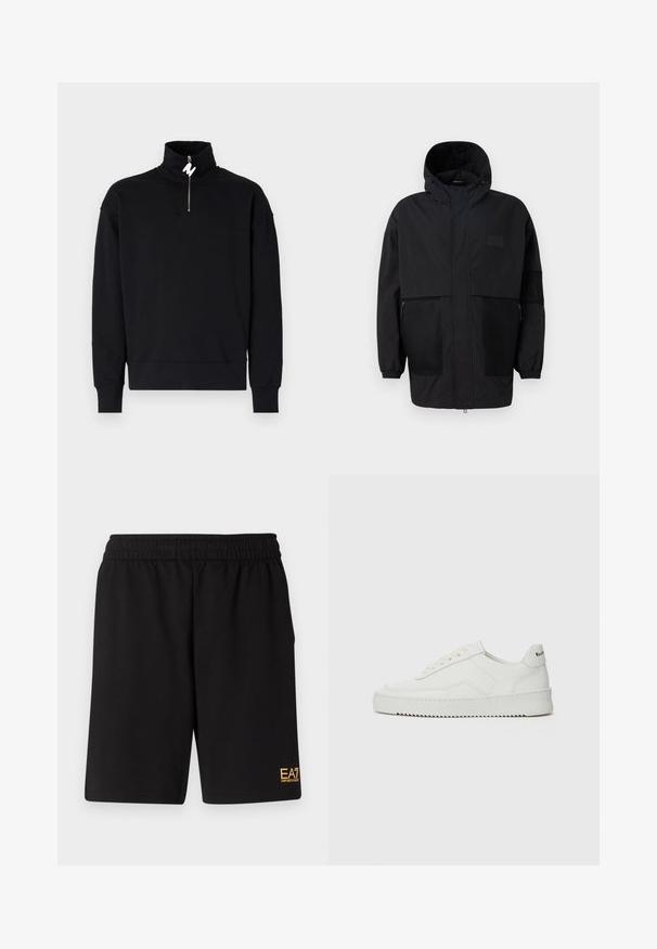 Zwarte capuchonjas gemaakt van lichtgewicht stof, met meshpanelen, een voorrits en elastische manchetten voor een verstelbare pasvorm.; Zwarte sweatshirt met een hoge kraag en een halve rits. Zacht materiaal, relaxte pasvorm en geribbelde manchetten. Geen patronen of extra accenten.; Zwarte sportshorts van zacht materiaal, met een elastische tailleband en een klein geel EA7-logo op de onderste linkeronderbroek.; Witte leren sneaker met een gladde afwerking, ronde neus, platte veters en een gestructureerde zool. Kenmerkt zich door een subtiel logo op de hiel.