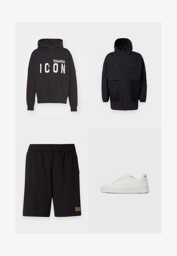 Juodas gobtuvu džemperis, pagamintas iš lengvo audinio, turi tinklinės juosteles, priekinį užtrauktuką ir elastingus rankogalius, leidžiančius pritaikyti dydį.; Juodas džemperis su gobtuvu, pagamintas iš medvilnės, turi kengūros kišenę, užtraukiamą gobtuvą ir ryškų baltą užrašą "ICON" su prekės ženklu "DSQUARED2".; Juoda sportinė šortai, pagaminti iš minkštos medžiagos, su elastingu diržu ir maža geltona EA7 logo apatinėje kairėje kojoje.; Balti odiniai sportiniai bateliai su lygia apdaila, apvaliu pirštu, plokščiais raišteliais ir tekstūruotu padu. Pasižymi subtiliu logotipu ant kulno.