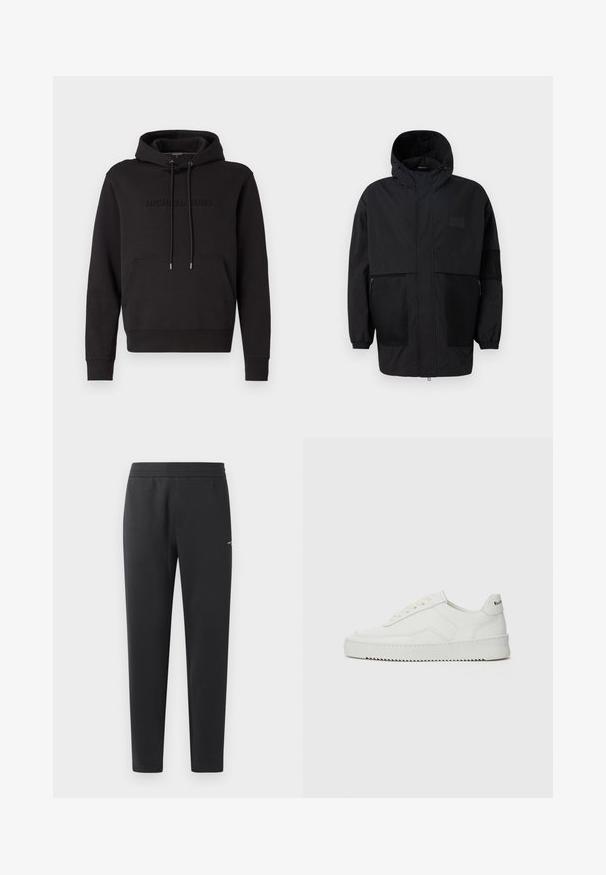 Fekete kapucnis dzseki, könnyű anyagból készült, hálós panelek, elülső cipzár és állítható illeszkedést biztosító rugalmas mandzsetták jellemzik.; Fekete kapucnis pulóver kenguruzsebbel, húzózsinórral ellátott kapucnival, valamint dombornyomott "MICHAEL KORS" logóval az elején. Puha anyagból készült.; Fekete sportnadrág puha anyagból, rugalmas derékpánttal, egyenes szárakkal és egy kis logó részlettel az oldalán.; Fehér bőr sportcipő sima felülettel, kerek orral, lapos fűzőkkel és texturált talppal. Finom logó található a sarokon.