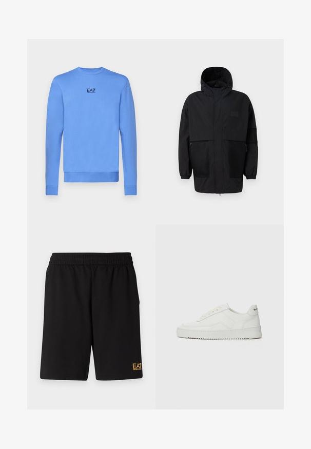 Casaco preto com capuz, feito de um tecido leve, apresentando painéis de malha, um fecho éclair frontal e punhos elásticos para um ajuste ajustável.; Sweatshirt azul claro feito de um tecido macio, com mangas longas, decote redondo e um logotipo preto EA7 na frente.; Calções desportivos pretos feitos de um tecido suave, com um cós elástico e um pequeno logótipo amarelo EA7 na parte inferior da perna esquerda.; Sapatilha de couro branco com acabamento suave, bico redondo, atacadores planos e uma sola texturizada. Apresenta um logotipo discreto no calcanhar.