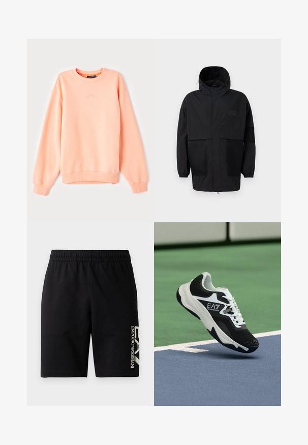 Jachetă neagră cu glugă, realizată dintr-un material ușor, având panouri din plasă, fermoar frontal și manșete elastice pentru o ajustare confortabilă.; Sweatshirt peached cu guler rotund, cu manșete și tiv ribbed, având un logo subtil brodat pe piept. Material moale din amestec de bumbac.; EA7 Emporio Armani TRAIN VISIBILITY - Pantaloni scurți - black/cream; Pantof sport EA7 Emporio Armani alb-negru suspendat deasupra liniilor albastre și verzi ale unui teren de tenis.