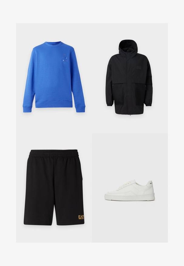 Musthave musta kapuutsiga jakk, mis on valmistatud kergest kangast, koos võrgupaneelide, ees oleva tõmbluku ja elastsete mansettidega kohandatava sobivuse jaoks.; Sinine särk ümmarguse kaeluse, ribidega mansettide ja alläärega. Ülemises vasakus nurgas on mitmevärviline "Paul Smith" logo. Sile tekstuur.; Mustad mustad lühikesed püksid, mis on valmistatud pehmest kangast. Omavad elastset vöökohta ja väikest kollast EA7 logo vasakul jalal.; Valge nahast tennis, millel on sile põhi, ümar varvas, lamedad nöörid ja tekstuuriline tall. Sisaldab diskreetset logo kontsaribal.