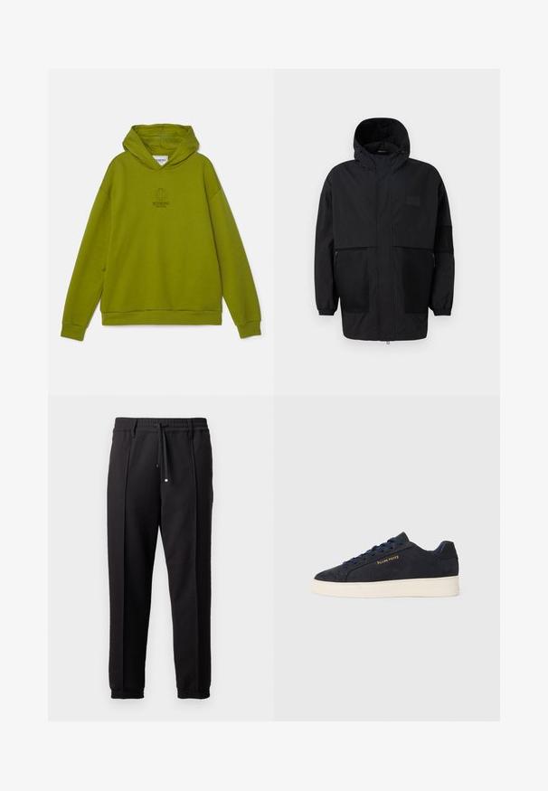 Black hooded jacket made from lightweight fabric, featuring mesh panels, a front zipper, and elastic cuffs for adjustable fit.; Iceberg FELPA - Sweatshirt - verde oliva; Black trousers with a waistband, drawstring, and elastic cuffs. Features pleats and a smooth, textured fabric.; Navy blue suede low-top sneaker with white sole, navy laces, and "Filling Pieces" logo in gold on the side.