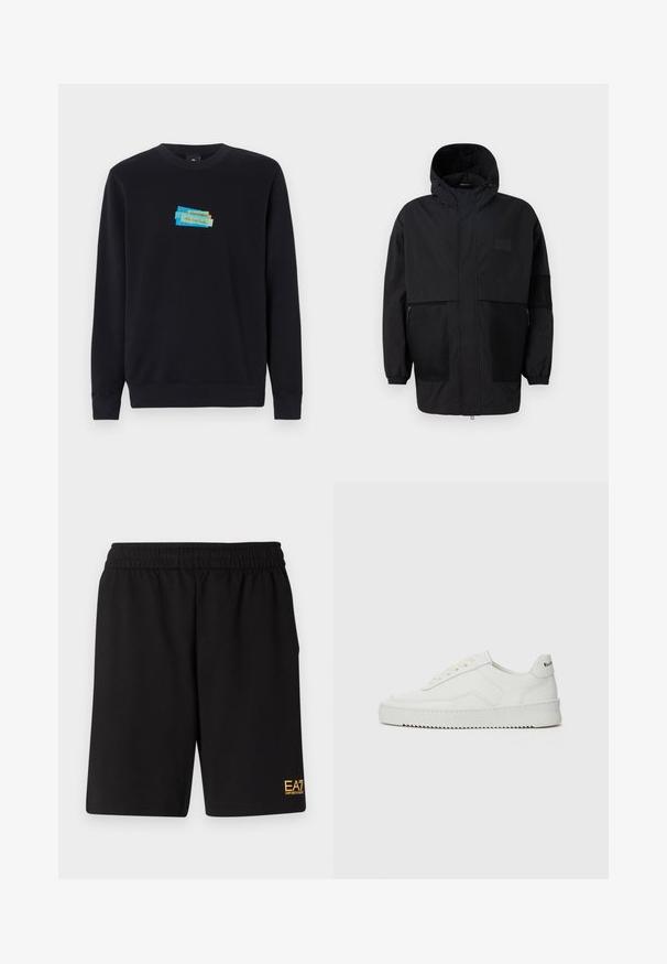 Chaqueta negra con capucha hecha de un tejido ligero, con paneles de malla, cremallera frontal y puños elásticos para un ajuste ajustable.; Sudadera negra de mezcla de algodón, con un diseño impreso en pantalla de cinta de colores y "Paul Smith" bordado en el centro.; Pantalones cortos deportivos negros de tejido suave, con una cintura elástica y un pequeño logo amarillo de EA7 en la parte inferior de la pierna izquierda.; Zapatilla de cuero blanca con un acabado suave, puntera redonda, cordones planos y suela texturizada. Cuenta con un sutil logo en el talón.