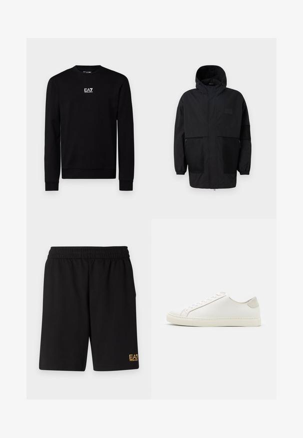 Fekete kapucnis dzseki, könnyű anyagból készült, hálós panelek, elülső cipzár és állítható illeszkedést biztosító rugalmas mandzsetták jellemzik.; Fekete pulóver puha anyagból, kerek nyakkivágással, hosszú ujjakkal és egy kis fehér EA7 logóval a mellkasán. Klasszikus szabású.; Fekete sportnadrág puha anyagból, rugalmas derékkal és egy kis sárga EA7 logóval a bal alsó lábszáron.; Fehér bőr sneaker sima felülettel, kerek orral és minimalista dizájnnal. Bézs kiemelésekkel a sarokon és gumitalppal rendelkezik.