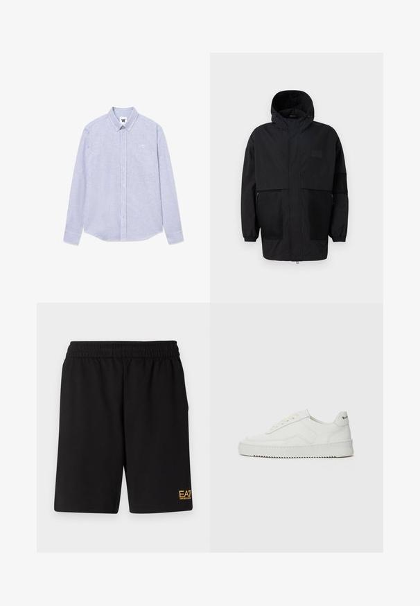 Musthave musta kapuutsiga jakk, mis on valmistatud kergest kangast, koos võrgupaneelide, ees oleva tõmbluku ja elastsete mansettidega kohandatava sobivuse jaoks.; Sinine ja valge triibuline pikka varrukat särgiga, millel on nööbiga krae, rinnaeid ja logo detail vasakul küljel. Puuvillane kangas.; Mustad mustad lühikesed püksid, mis on valmistatud pehmest kangast. Omavad elastset vöökohta ja väikest kollast EA7 logo vasakul jalal.; Valge nahast tennis, millel on sile põhi, ümar varvas, lamedad nöörid ja tekstuuriline tall. Sisaldab diskreetset logo kontsaribal.