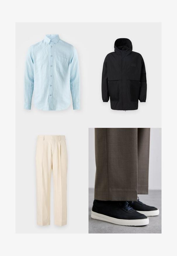 Casaco preto com capuz, feito de um tecido leve, apresentando painéis de malha, um fecho éclair frontal e punhos elásticos para um ajuste ajustável.; Camisa de manga longa azul claro, feita de tecido texturizado, com colarinho abotoado, botões à frente e um único bolso no peito.; NN.07 KAY - Calças - off white; Sapatilhas de camurça pretas com solas de borracha brancas, apresentando um bico arredondado e atacadores, usadas com calças cinzas ajustadas.