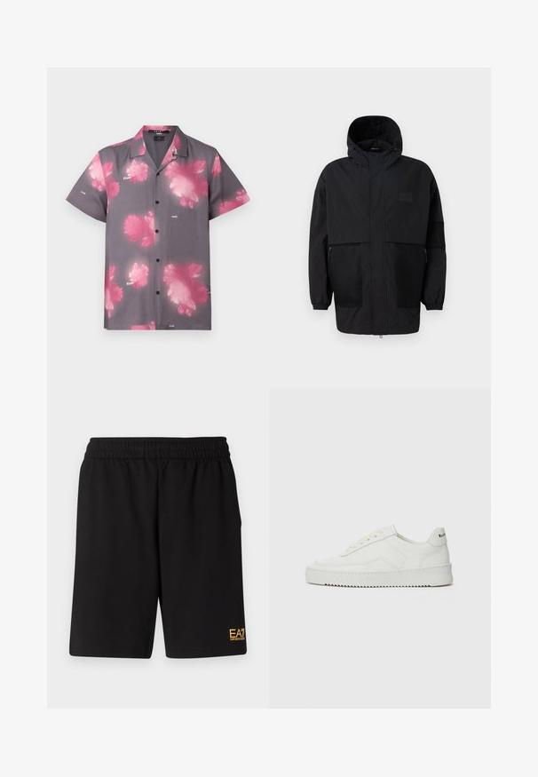 Juodas gobtuvu džemperis, pagamintas iš lengvo audinio, turi tinklinės juosteles, priekinį užtrauktuką ir elastingus rankogalius, leidžiančius pritaikyti dydį.; Pilkos medžiagos trumpomis rankovėmis marškiniai su dideliais rožiniais gėlių raštais, mygtukų priekyje ir klasikinis apykaklė. Prekės ženklas matomas ant priekinės pusės.; Juoda sportinė šortai, pagaminti iš minkštos medžiagos, su elastingu diržu ir maža geltona EA7 logo apatinėje kairėje kojoje.; Balti odiniai sportiniai bateliai su lygia apdaila, apvaliu pirštu, plokščiais raišteliais ir tekstūruotu padu. Pasižymi subtiliu logotipu ant kulno.
