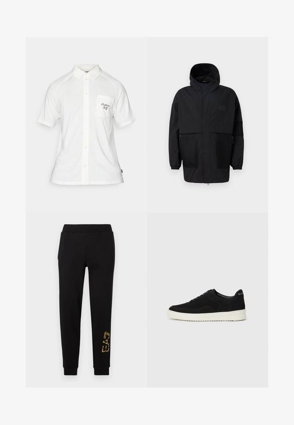 Črna kapuča jakna iz lahkega materiala, ki ima mrežaste panele, sprednje zadrgo in elastične manšete za prilagodljiv fit.; Bela polo s kratkimi rokavi z gumbom spredaj, strukturirano tkanino in žepom na levi strani prsnega koša, ki ima črno vezeno besedilo.; Črne trenirke z raztegljivim krojem, z zlatim grafičnim motivom na spodnjem delu noge in elastičnim pasom za udobje.; Črni semiš teniški copati z vezalkami in kontrastnim belim gumijastim podplatom. Imajo teksturirane stranske panele in subtilno oznako na peti.