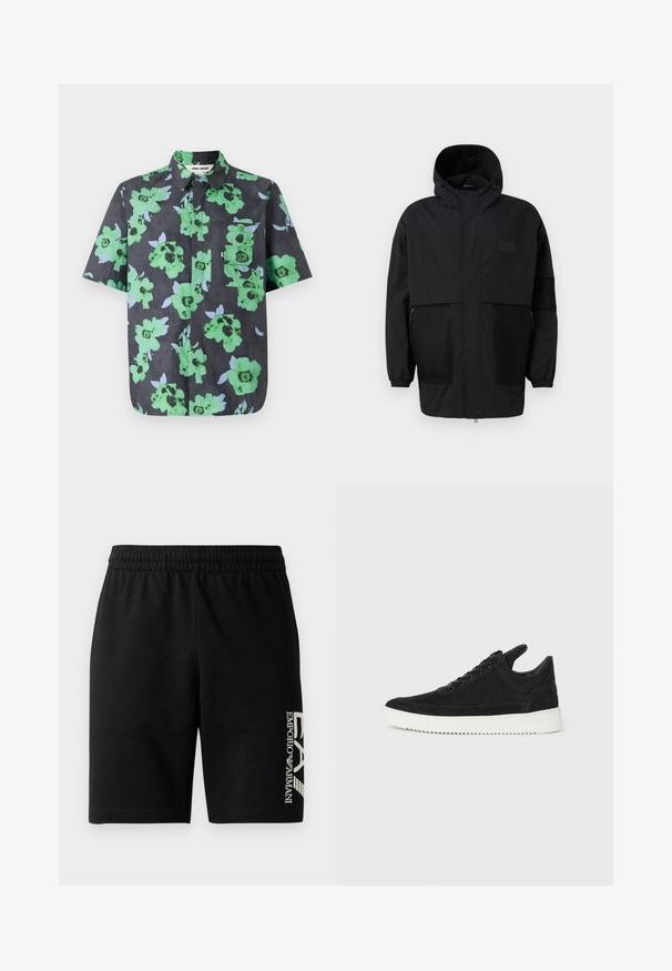 Juodas gobtuvu džemperis, pagamintas iš lengvo audinio, turi tinklinės juosteles, priekinį užtrauktuką ir elastingus rankogalius, leidžiančius pritaikyti dydį.; Trumpas rankovėmis marškinėliai iš tamsios medžiagos, puošti dideliu žaliu ir šviesiai mėlynu gėlių raštu. Įrengtas krūtinės kišenė su užklotu.; EA7 Emporio Armani TRAIN VISIBILITY - Šortai - black/cream; Juodų suede sportbačių su balta gumine padu, su toniniais siuvinėjimais ir raištelių užsegimu. Sklandus paviršius su šiuolaikine, laiko forma.