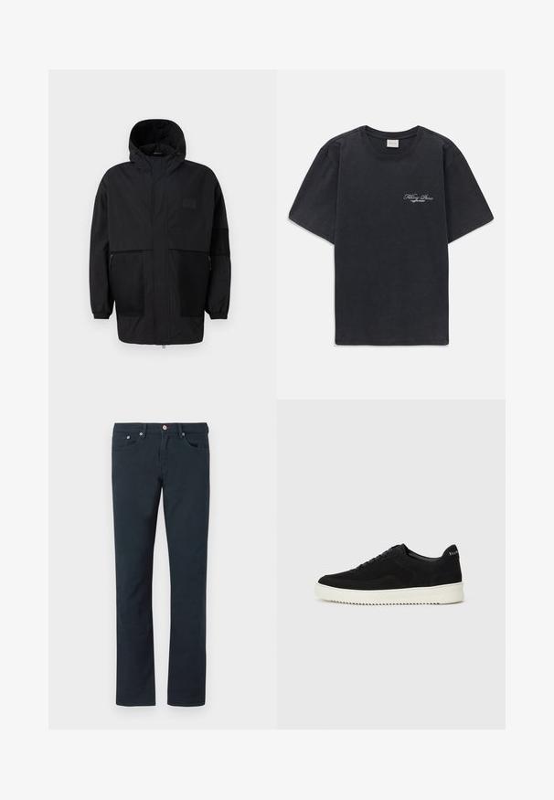 Black hooded jacket made from lightweight fabric, featuring mesh panels, a front zipper, and elastic cuffs for adjustable fit.; Black short-sleeve crew neck t-shirt with small white "Filling Pieces" text logo on the left chest.; Dark navy cotton trousers with a straight-leg design, featuring two front pockets and a button closure with metal hardware. Soft texture.; Black suede sneaker with lace-up design and contrasting white rubber sole. Features textured side panels and subtle branding on the heel.