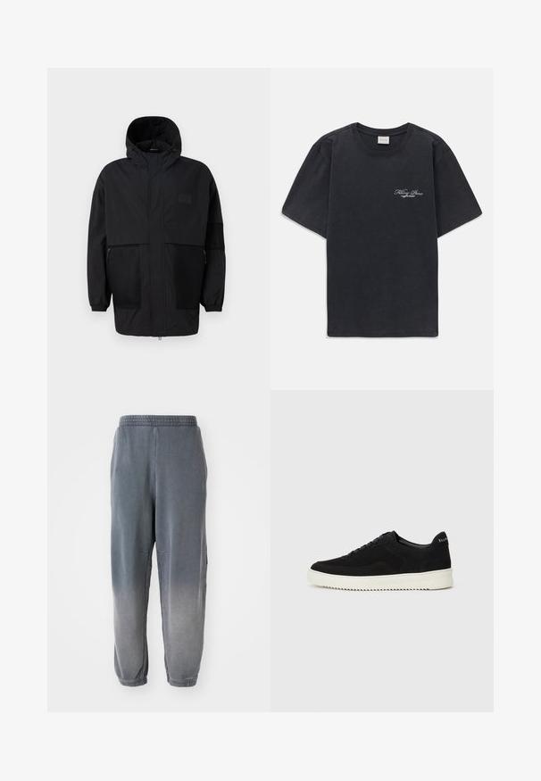 Black hooded jacket made from lightweight fabric, featuring mesh panels, a front zipper, and elastic cuffs for adjustable fit.; Black short-sleeve crew neck t-shirt with small white "Filling Pieces" text logo on the left chest.; Gray jogger pants with a soft texture, tapered ankles, side pockets, and a subtle gradient from dark to lighter gray. Elastic waistband at the top.; Black suede sneaker with lace-up design and contrasting white rubber sole. Features textured side panels and subtle branding on the heel.