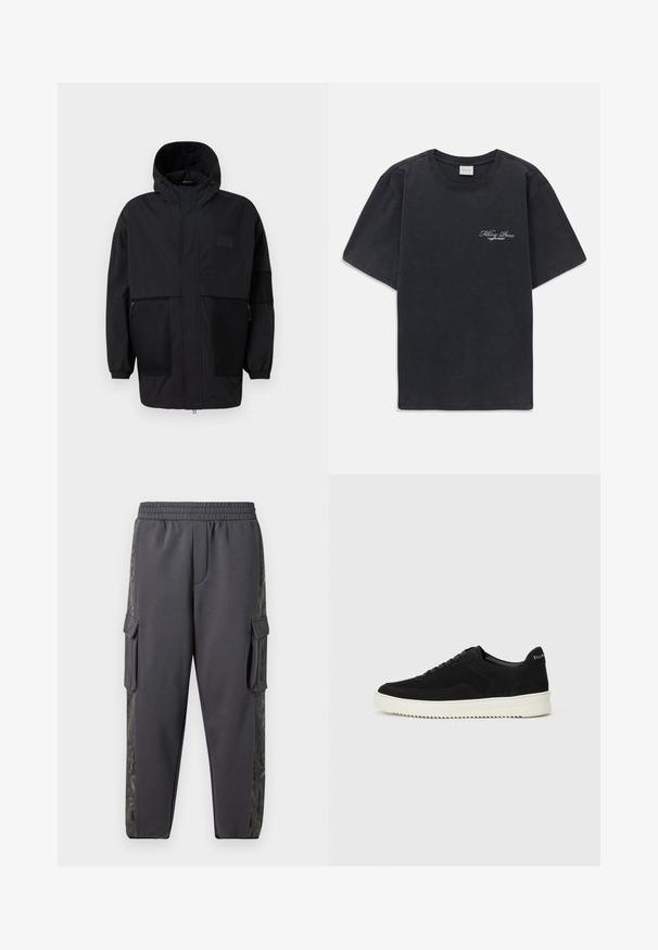 Crna kapuljača od laganog materijala, s mrežastim panelima, prednjim zatvaračem i elastičnim manžetama za prilagodljivu veličinu.; Crna majica kratkih rukava s okruglim izrezom s malim bijelim logotipom "Filling Pieces" na lijevoj strani prsnog koša.; Sive trenerice od mekog materijala, s cargo džepovima i uzorkovanim bočnim panelom za dodatnu detaljnost. Uključena elastična gumica u struku.; Crne nubuk tenisice s vezanjem i kontrastnom bijelom gumenom potplatom. Imaju teksturirane bočne panele i suptilno brendiranje na peti.