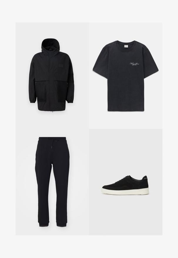 Black hooded jacket made from lightweight fabric, featuring mesh panels, a front zipper, and elastic cuffs for adjustable fit.; Black short-sleeve crew neck t-shirt with small white "Filling Pieces" text logo on the left chest.; Black sweatpants made from a soft fabric, featuring an elastic waistband with a drawstring and ribbed cuffs at the ankles.; Black suede sneaker with lace-up design and contrasting white rubber sole. Features textured side panels and subtle branding on the heel.