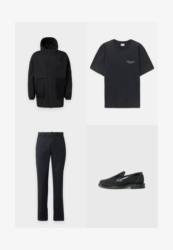 Melnā kapučjaka, kas izgatavota no viegla auduma, ar acs paneļiem, priekšējo rāvējslēdzēju un elastīgām aprocēm, kas nodrošina regulējamu piegulšanu.; Melna īsās piedurknes T-kreklā ar mazu balto "Filling Pieces" tekstu logotipu uz kreisā krūšu.; Tumši jūras spēka krāsas chinos izgatavoti no kokvilnas auduma, ar plakanu priekšpusi, divām priekšējām kabatām un vienu aizmugurējo kabatu ar pogas aizdari.; Melnas austas slaidu kurpes ar gludu ādas akcentu augšpusē, apaļas formas purngalu un zemas profila gumijas zoli.